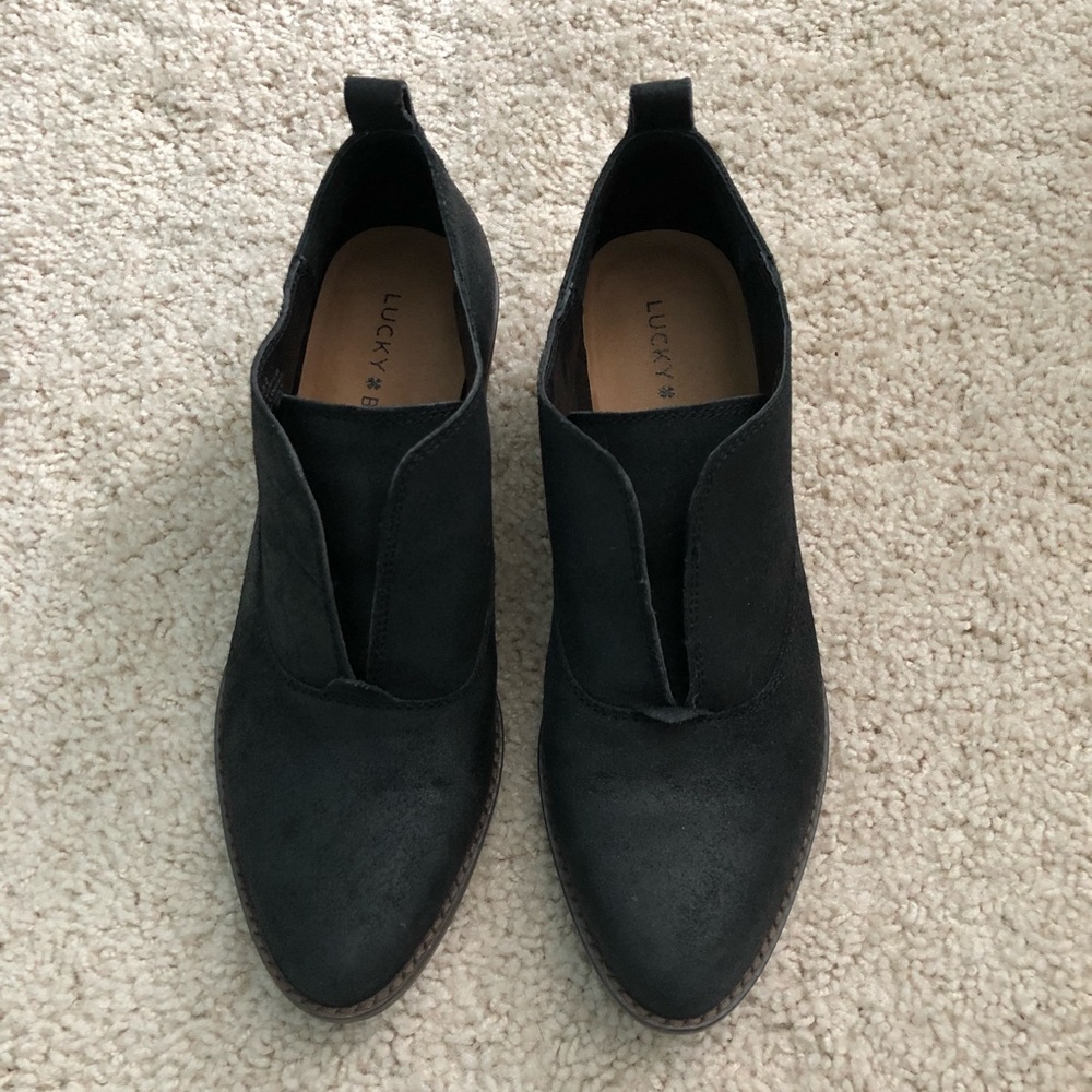 Black block heel slip on booties